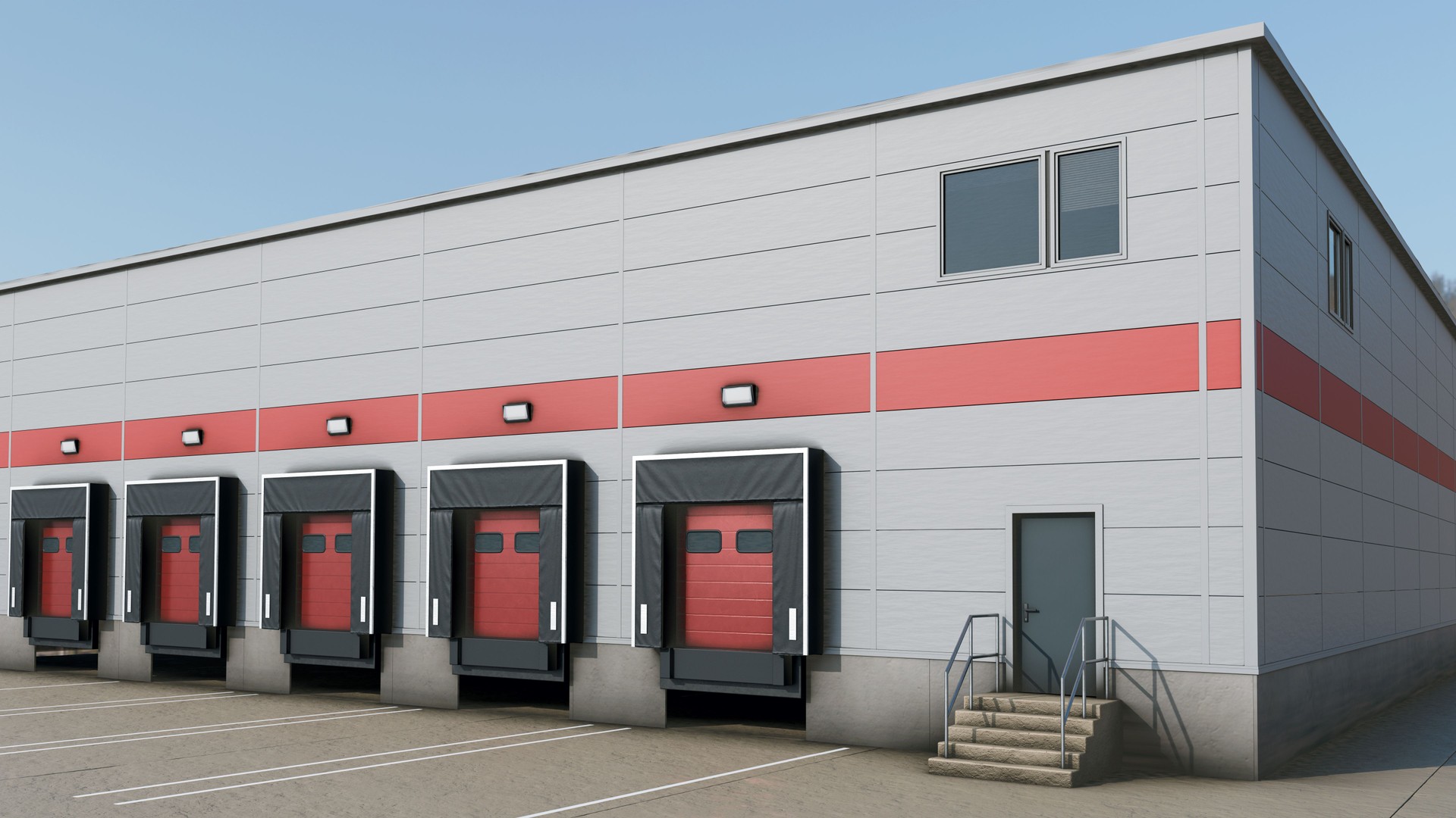 Modern Warehouse Exterior with Loading Bays, Red Sectional Doors, Dock Seals, and Ramp Access, 3D Render